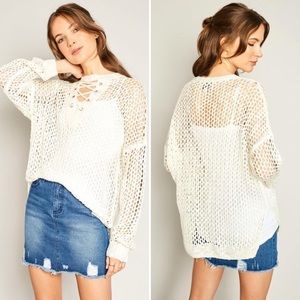 CROCHET KNIT SWEATER WITH FRONT LACE UP DETAIL